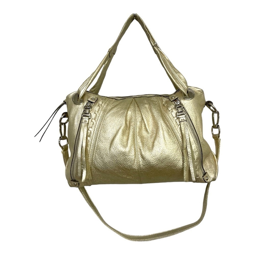 Makowsky Metallic Gold Genuine Leather Satchel Shoulder Crossbody Bag - Picture 3 of 16